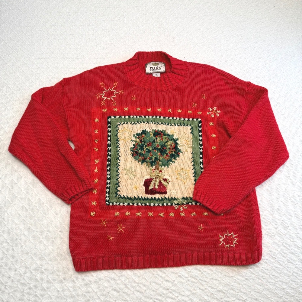 VTG Tiara International Vintage Red Christmas Sweater Beaded Holly Tree Womens M